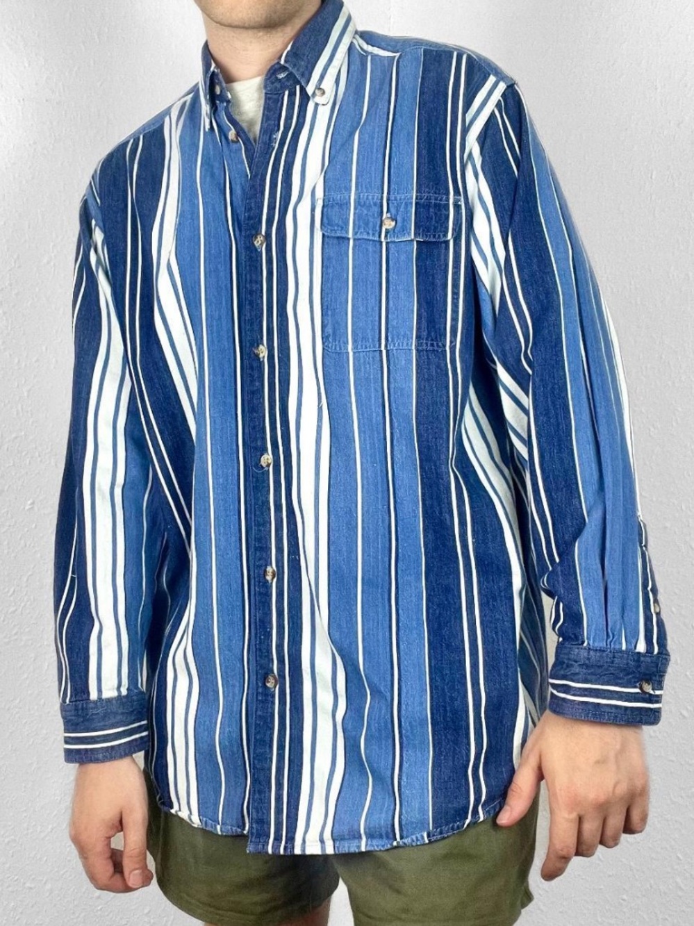 Vintage ‘Grand Canyon’ 100% cotton Blue Striped Men's Button-Down Shirt size L